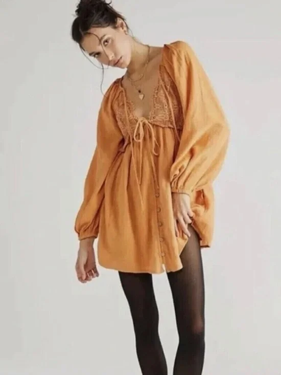 Free People Boho Lace Babydoll Tunic Top Rust Orange Size M - Picture 10 of 10